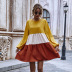 new stitching color puff sleeve a-line skirt mid-length dress wholesale NHDF24