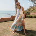 Venta caliente nuevo vestido casual de vacaciones en la playa de gasa impreso falda larga bohemia con cuello en v NSDF108