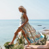 Venta caliente nuevo vestido casual de vacaciones en la playa de gasa impreso falda larga bohemia con cuello en v NSDF108