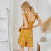 summer new V-neck yellow open back ruffled fungus pleated slim suspender jumpsuit  NSDF115