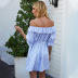 summer new beachwear ladies half-sleeved blue striped one-line collar jumpsuit short skirt wholesale  NSDF117