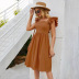 hot-selling summer new sleeveless stitching ruffled sleeves square collar solid color halter lace dress NSDF506