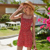 summer new women s red short print floral sling halter bow one-piece shorts skirt NSDF507