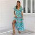 spring and summer new bohemian vintage print cuff stitching ruffled v-neck dress NSDF512