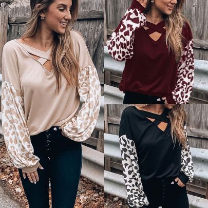 Women's New Style V-neck Cross Leopard Print Casual Long-sleeved T-shirt Top NSYF829