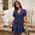 summer new product lace stitching pure color V-neck lady dress NSKA1031