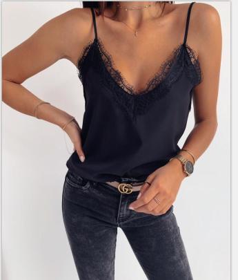 Solid Color V-Neck Lace Cami Top NSYF1062
