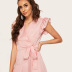 Vestido de diseño de hendidura con manga de hoja de loto de las mujeres de verano vestido rosa de color sólido NSDF1327