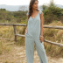 women s cropped trousers blue-green bow suspenders jumpsuit  NSDF1477