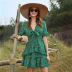  floral stitching ruffled V-neck lace flared sleeve dress NSDF1501