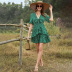  floral stitching ruffled V-neck lace flared sleeve dress NSDF1501