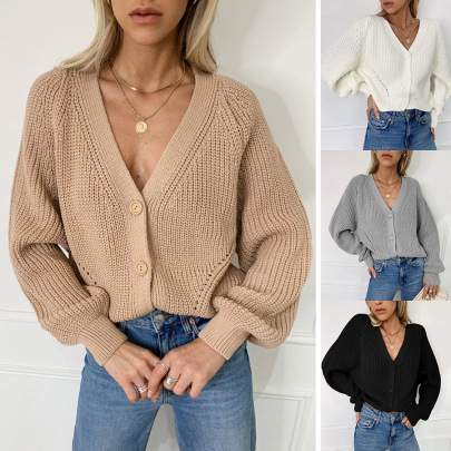  Cardigan Solid Color V-neck Lantern Sleeve Button Knitted Cardigan NSYF1846