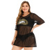 Large Size Sequined Lips Applique Sexy See-Through Mesh Short Simple T-Shirt NSOY27390