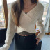 cross V-neck bow hollow lace-up knit sweater   NSAC32352