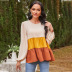 spring new three-color stitching round neck puff sleeve pleated casual T-shirt NSDF32969
