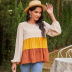 spring new three-color stitching round neck puff sleeve pleated casual T-shirt NSDF32969