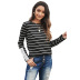 striped lace button round neck top  NSSI33507
