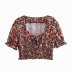 square neck puff sleeve print lace-up top NSAM34033