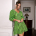 new green plaid mid-sleeve V-neck cotton blend mid skirt  NSWX25404