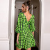 new green plaid mid-sleeve V-neck cotton blend mid skirt  NSWX25404