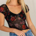 spring and summer new sexy V-neck mesh puff sleeve rose print top  NSXE25442