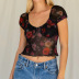 spring and summer new sexy V-neck mesh puff sleeve rose print top  NSXE25442