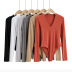 solid color V-neck long-sleeved one-piece bodysuit NSAC26308