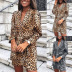 leopard print long-sleeved V-neck irregular dress NSKX26342