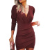Solid Color V-Neck Long-Sleeved Dress NSLZ26674