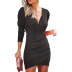 Solid Color V-Neck Long-Sleeved Dress NSLZ26674