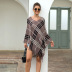 V-Neck Fringed Plaid Striped Diagonal Shawl Cloak Sweater NSMMY83109