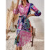 Flower Printed Lace Up Lapel Slim Dress NSJIM83576