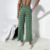 High Waist Wide-Leg Green Plaid Straight 9-Point Trousers NSGHW83864