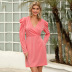 pink OL v-neck pleated long-sleeved high-waist dress nihaostyles wholesale clothing NSGHW83869