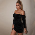 velvet hot drilling off-shoulder long-sleeved black polka-dot long-sleeved short dress nihaostyles wholesale clothing NSGHW83880