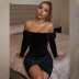 velvet hot drilling off-shoulder long-sleeved black polka-dot long-sleeved short dress nihaostyles wholesale clothing NSGHW83880