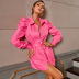 Lapel Puff Sleeve Lace Pink Shirt Dress NSWX84140