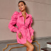 Lapel Puff Sleeve Lace Pink Shirt Dress NSWX84140