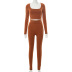 Solid Color Low Square-Neck Long-Sleeved T-Shirt & High-Waist Tight Pants Suit NSMX84177