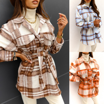 Plaid Print Lace-up Woolen Shirt Coat NSOUY84096