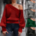 Sexy Slanted Off-Shoulder Knitted Solid Color Lantern Sleeve Pullover Sweater NSGYX84446