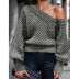 Sexy Slanted Off-Shoulder Knitted Solid Color Lantern Sleeve Pullover Sweater NSGYX84446