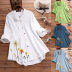Spring flower print long sleeve stand-up collar cotton and linen casual blouse NSGYX84457