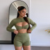 solid color knitted hollow wrapped chest buttoned long-sleeved top and shorts two-piece set nihaostyles wholesale clothing NSJYF84799