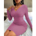 Deep V Long-Sleeved Threaded Tight Package Hip Dress NSBTY84870