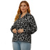 Plus size v-neck leopard print lantern sleeve polyester casual loose blouse NSJR84929