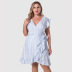 Blue Vertical Striped Plus Size V-Neck Ruffle Short Dress NSWCJ85250