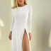 Round Neck Long-Sleeved Single-Breasted High-Slit Slim Dress NSXPF85374