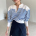 contrast striped lapel loose puff sleeve pullover sweater nihaostyles clothing wholesale NSFYF85645