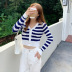 V-Neck Black & White Striped Knitted Cardigan NSFYF85685